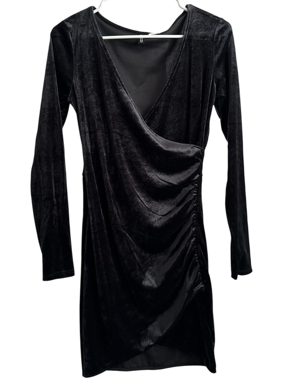 Divided Black Velvet Long-Sleeve Wrap-Style Dress